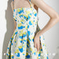 French yellow blue printed jacquard  puffy dress- Nicco