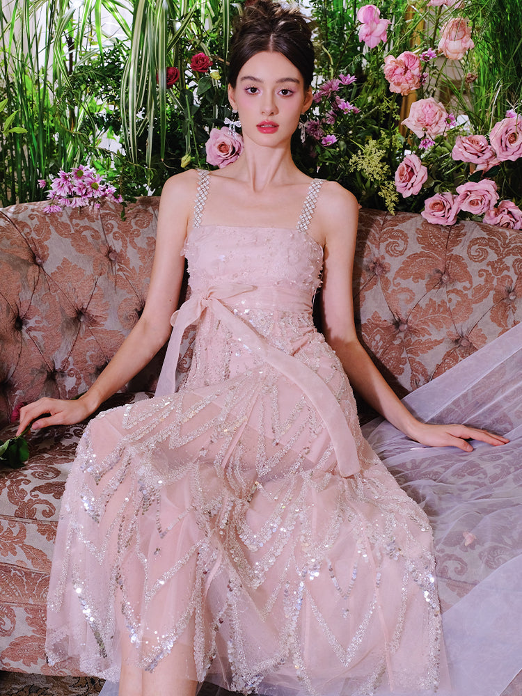 Wardrobes by Chen Luxury Fog Pink Round Neck Sleeveless Chiffon Dinner Dress-Nini