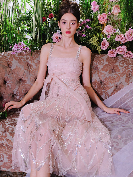 Wardrobes by Chen Luxury Fog Pink Round Neck Sleeveless Chiffon Dinner Dress-Nini