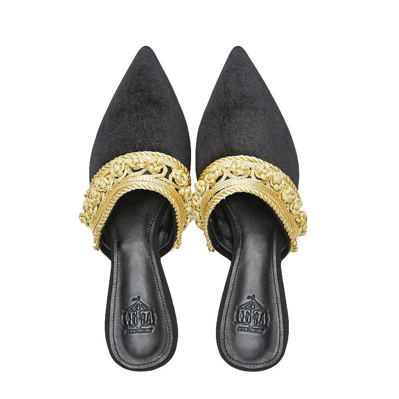 B-FEI gold woven black slippers-OLIVE.