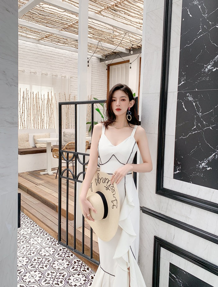 DOLLY Elegant White/Black V-Neck Sleeveless High Waist Long Ruffle Dinner Dress-MIA