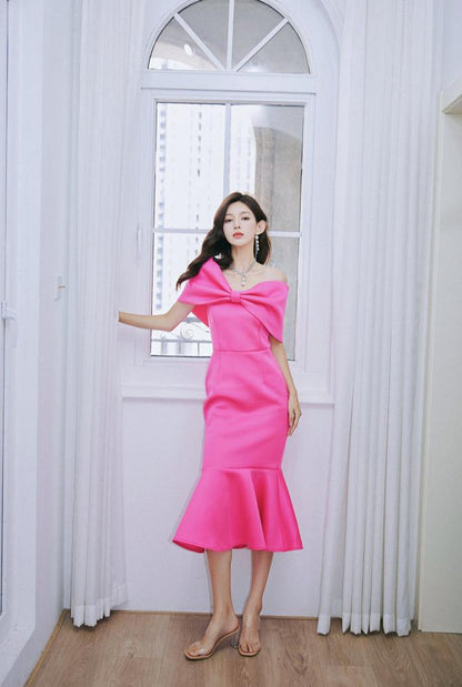 DOLLY Elegant Pink Big Bow Tube Top Off Shoulder Ruffled Fish Tail Dress-ZAYNAB