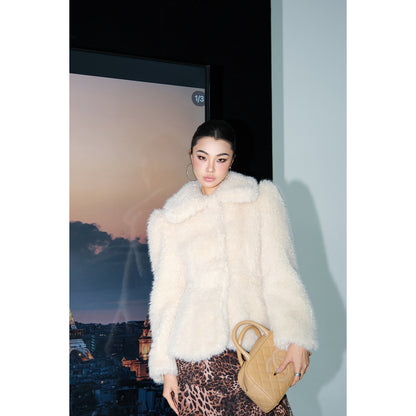 MEI SANGUAN beige retro fur short single-breasted top coat - AUSTIN