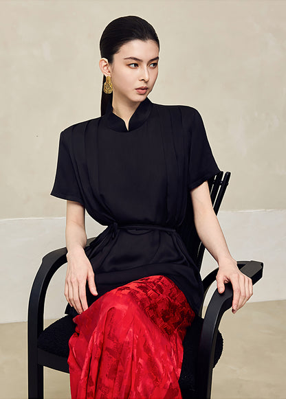 HECO acetate press-pleated cinched waist black white texture t-Shirt - NONE.