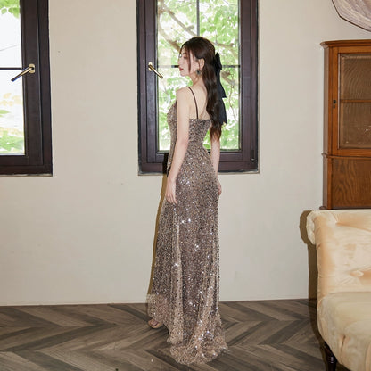 DOLLY High End Sleeveless Beaded Sequin Long High waist Suspender Cocktail Dress-ANABEL