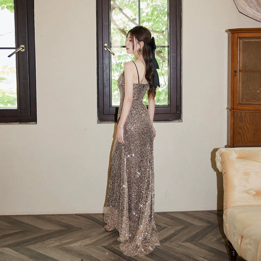 DOLLY High End Sleeveless Beaded Sequin Long High waist Suspender Cocktail Dress-ANABEL