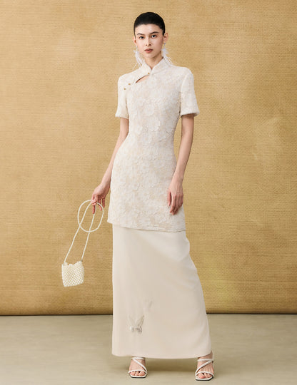 HECO Chinese style short-sleeved embossed flower summer cut-out short dress- TEMIRO.