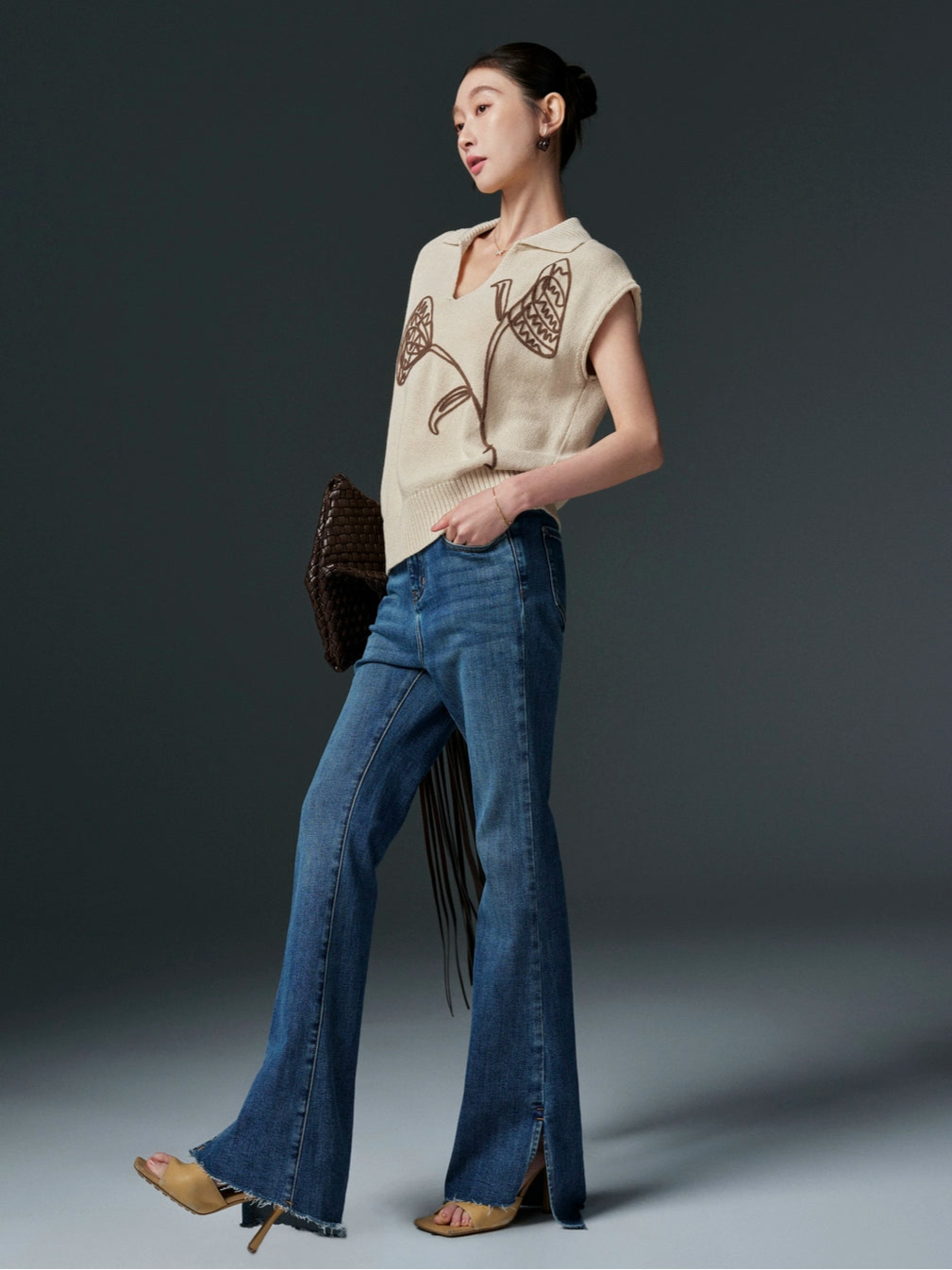 Sushe Flower Linen Cotton Embroidery Polo Collar Pullover Knit Stretch Loose-BRENDA