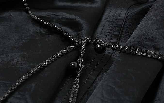 ZHUCHONGYU cross-collar satin black loose with belt jacket--MISAKI.