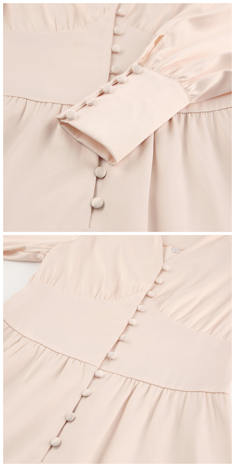 DOLLY Elegant V-Neck Long Lantern Sleeve Long Button Church Dress-NANA