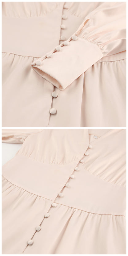 DOLLY Elegant V-Neck Long Lantern Sleeve Long Button Church Dress-NANA