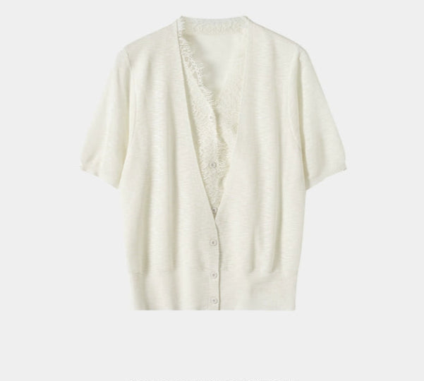 SUSHE LACE STITCHING V-NECK FIVE-QUARTER SLEEVES TWO-PIECE KNITTED TOP-EVA