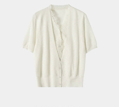 SUSHE LACE STITCHING V-NECK FIVE-QUARTER SLEEVES TWO-PIECE KNITTED TOP-EVA