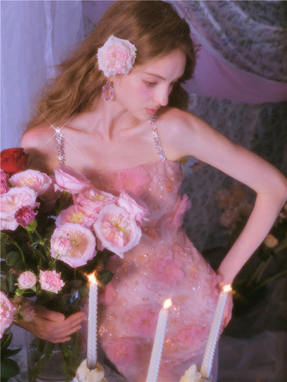 Wardrobes by Chen High End Pink Sleeveless Flower applique Sequin Dress-Bena