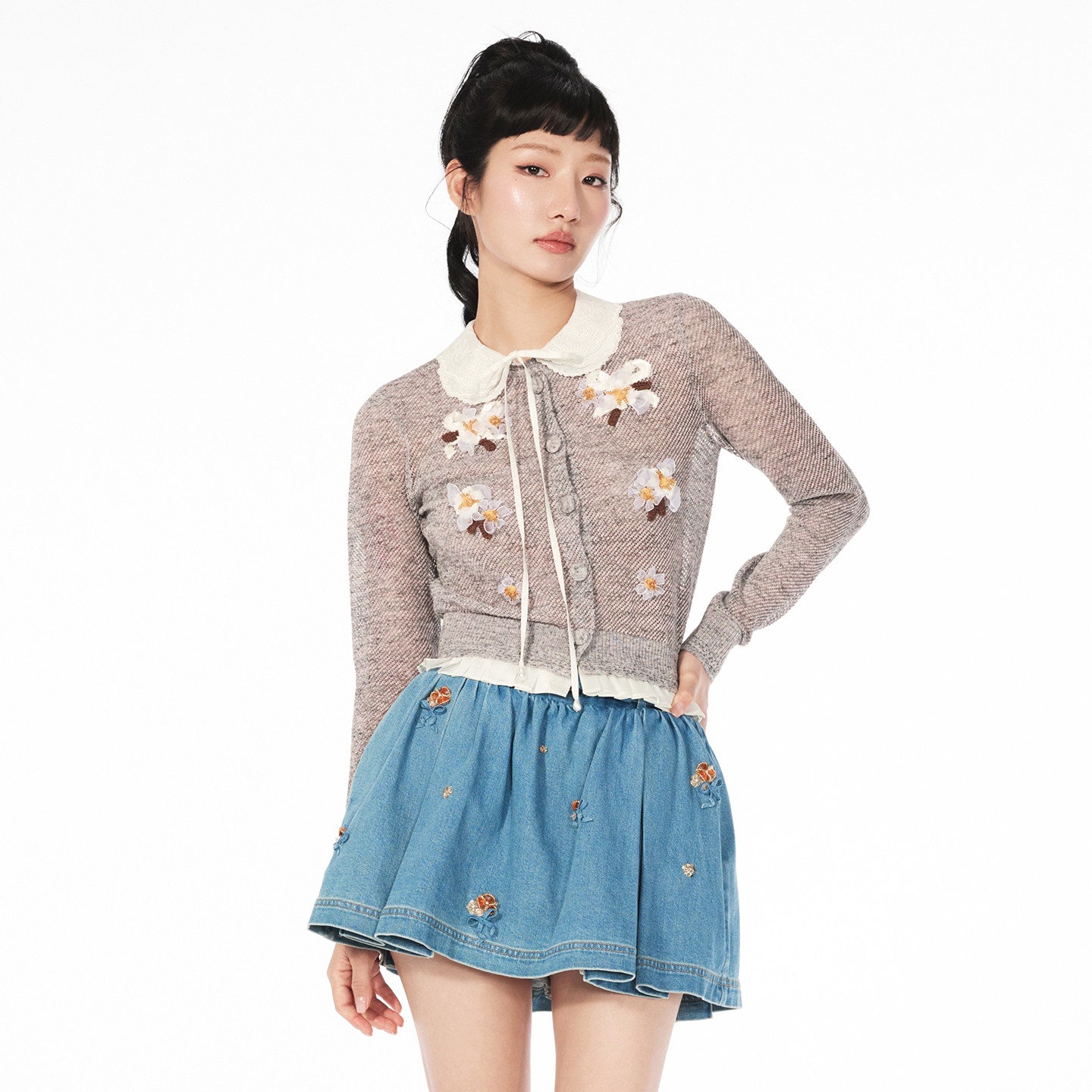 FAME doll collar floral beaded long sleeve knitted top - CAROL