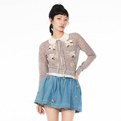 FAME doll collar floral beaded long sleeve knitted top - CAROL
