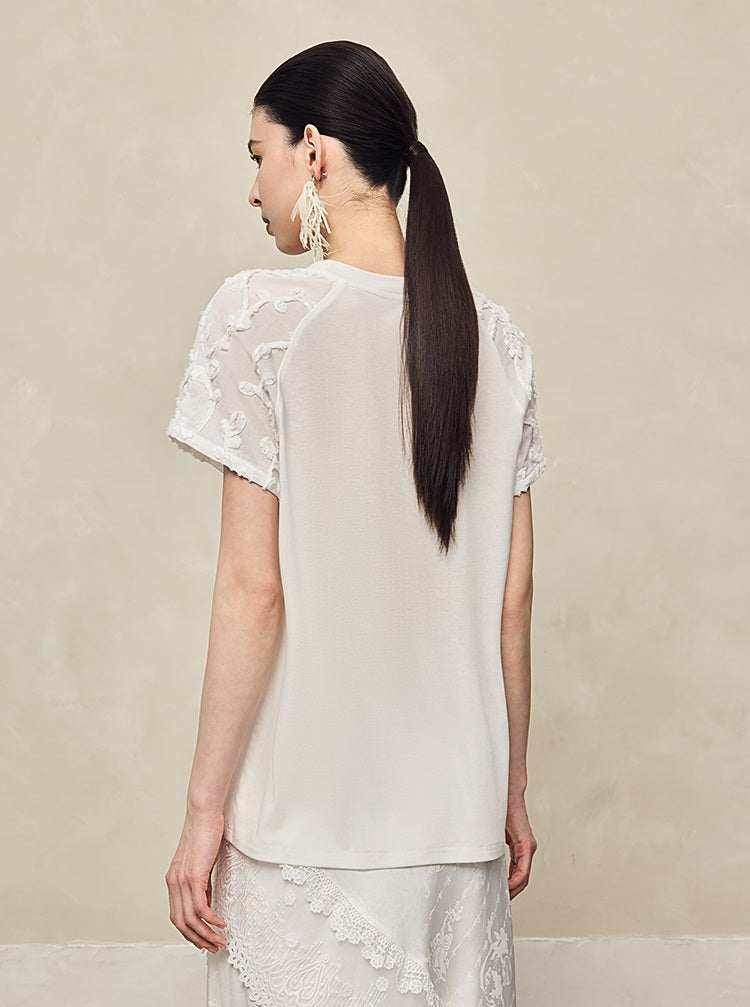 HECO High-grade disc flower stitching short sleeve white lace sleeve top - GLORY.