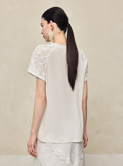 HECO High-grade disc flower stitching short sleeve white lace sleeve top - GLORY.