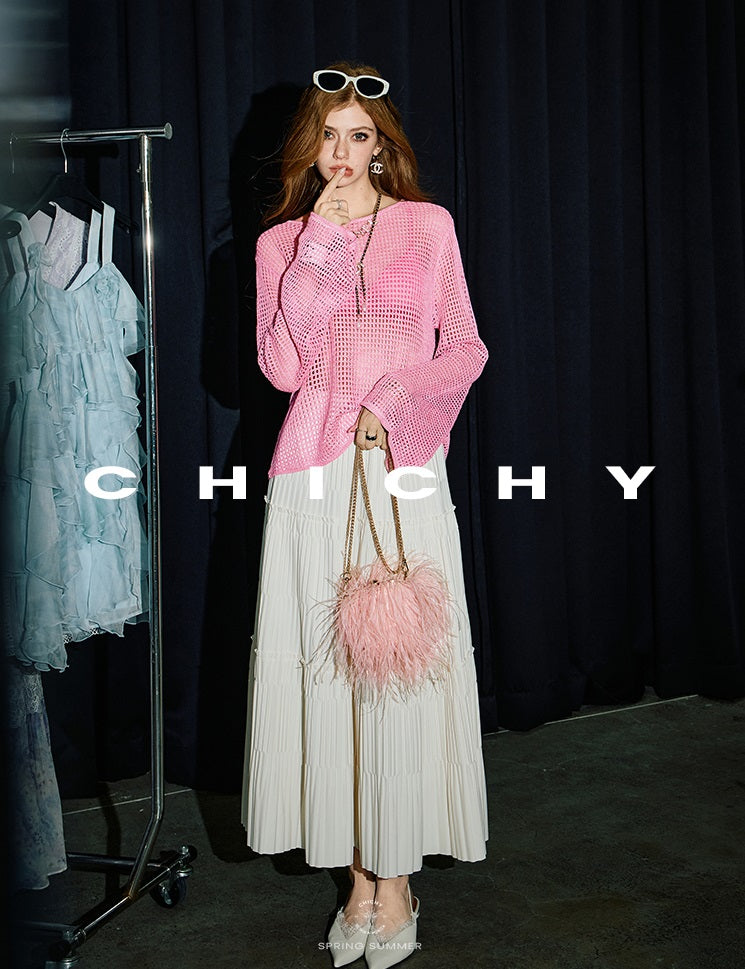 CHICHY long-sleeved cut-out gradient blended pink wool knit chic top-JARVIS