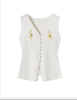 SUSHE embroidery French style elastic pit bead embroidery slim knitted cardigan vest -ELSIE