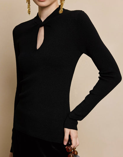 HECO red black white wool Blend twisted cut-out stand collar long-sleeved Knit- secret.