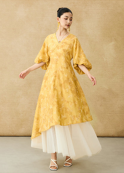 HECO Chinese V-Neck Waist Summer Elegant Floral Stitched Mesh dress - TULIP .