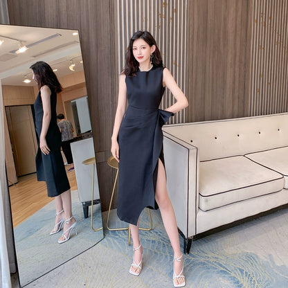 DOLLY Luxury Retro Style Crew Neck Sleeveless Pleated Slim Fit Midi Party Dress-CATIE