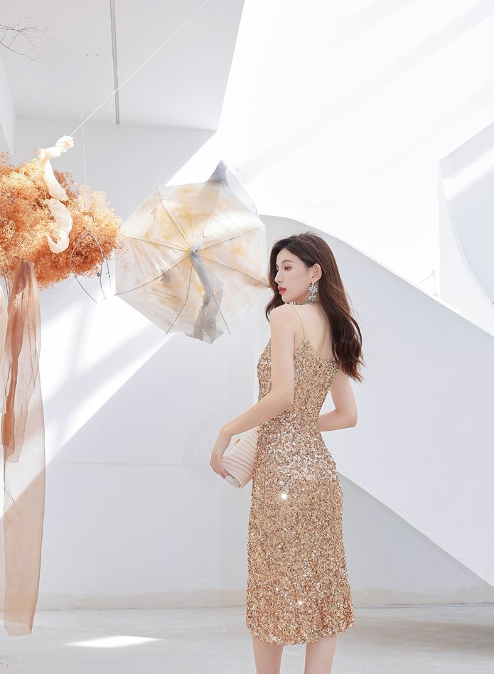 DOLLY Luxury Gold French Style Sleeveless Bright Sequin Mini Slit Dress-NELLIE