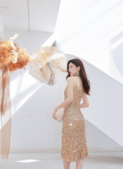 DOLLY Luxury Gold French Style Sleeveless Bright Sequin Mini Slit Dress-NELLIE