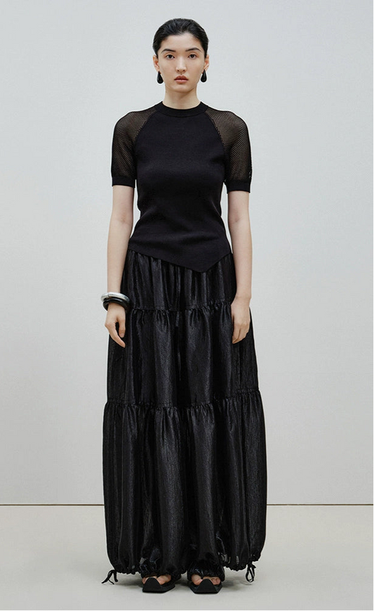 ZHUCHONGYUN black mesh short sleeves assymetrical hemline top-GRANT.
