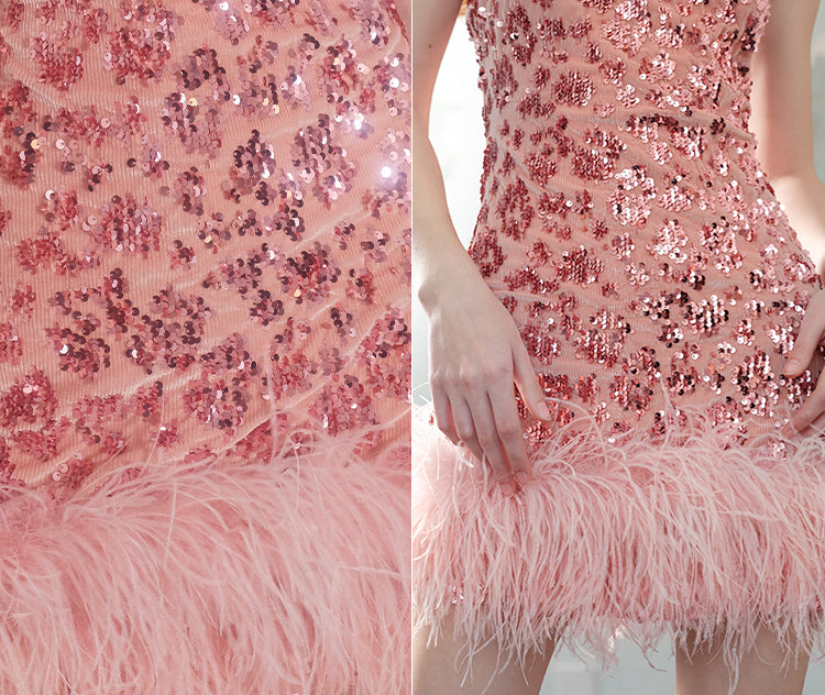 Wardrobes by Chen Dark Rose Pink Floral Sequin Feather Short cocktail Dress-Luciana