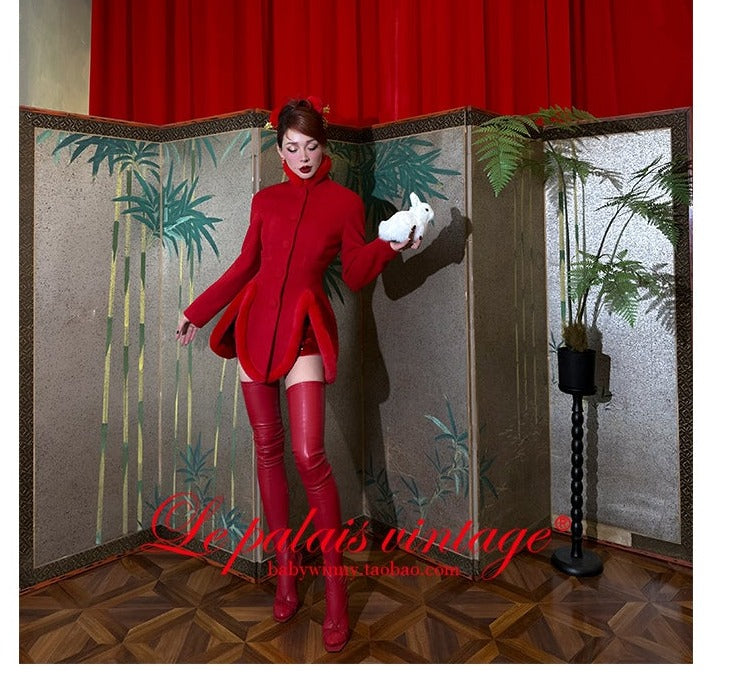 le palais vintage retro elegant red furry slit jacket coat - Dtri