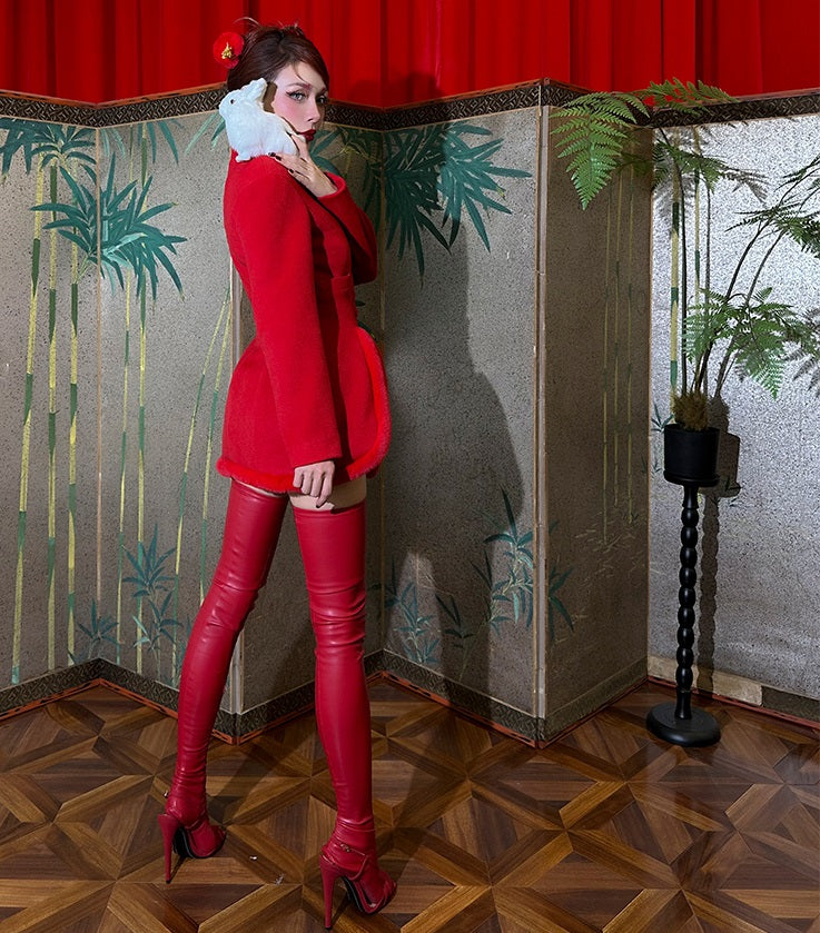 le palais vintage retro elegant red furry slit jacket - Dtri.