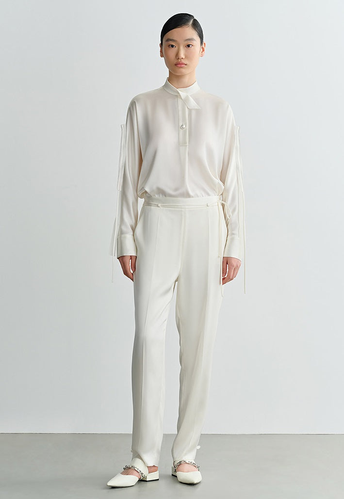 COMME MOI Lu Yan Designer New Women's Half Placket Strip Top Satin Shirt - SAINTS .