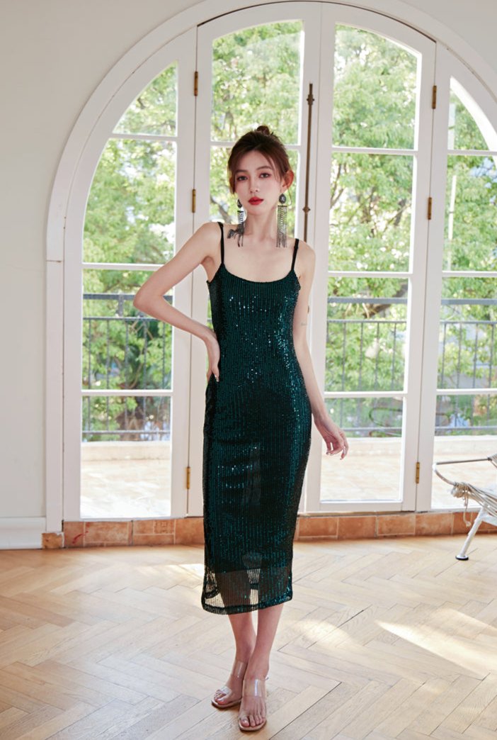 DOLLY Elegant White Square Collar Sleeveless Sequin Long Cocktail Dress-ELAINE