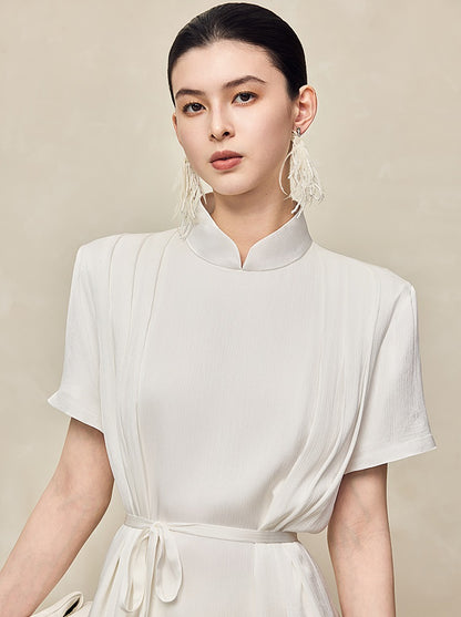 HECO acetate press-pleated cinched waist black white texture t-Shirt - NONE.