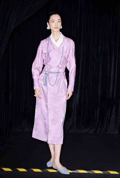 M essential Makay designer hibiscus jacquard layered placket wrap-around waist shirt - BETA.