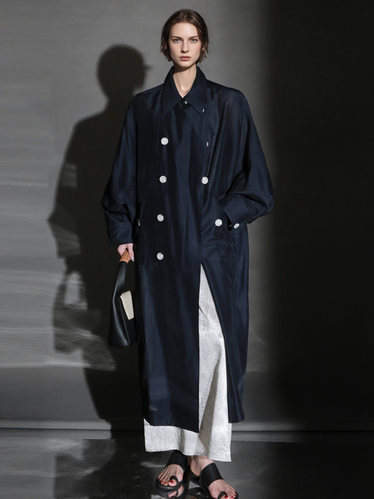 PIAOIN Light Luxury Silk Luster Tencel Linen Trench Coat Jacket -JOSEPHINE