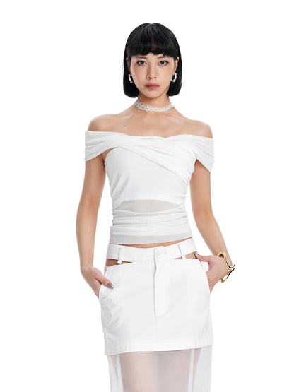 TINY IN short sleeve irregular slim mesh top -ASH