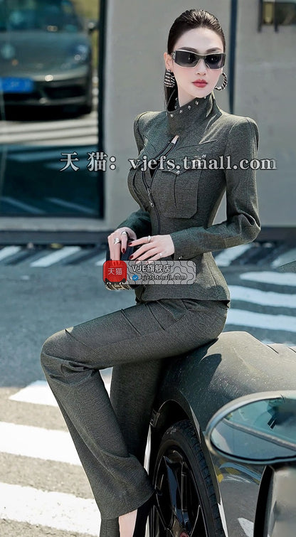 VJE denim top straight-leg pants two-piece set suit-MEA.