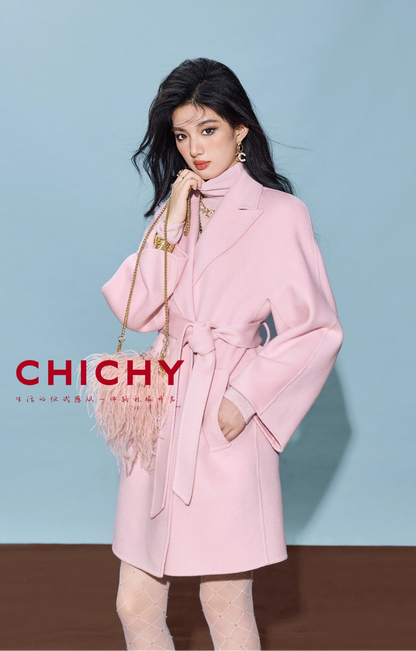 CHICHY Cashmere Classic Pink Reversible Woolen Lace-up Midi Length Coat-GINRO