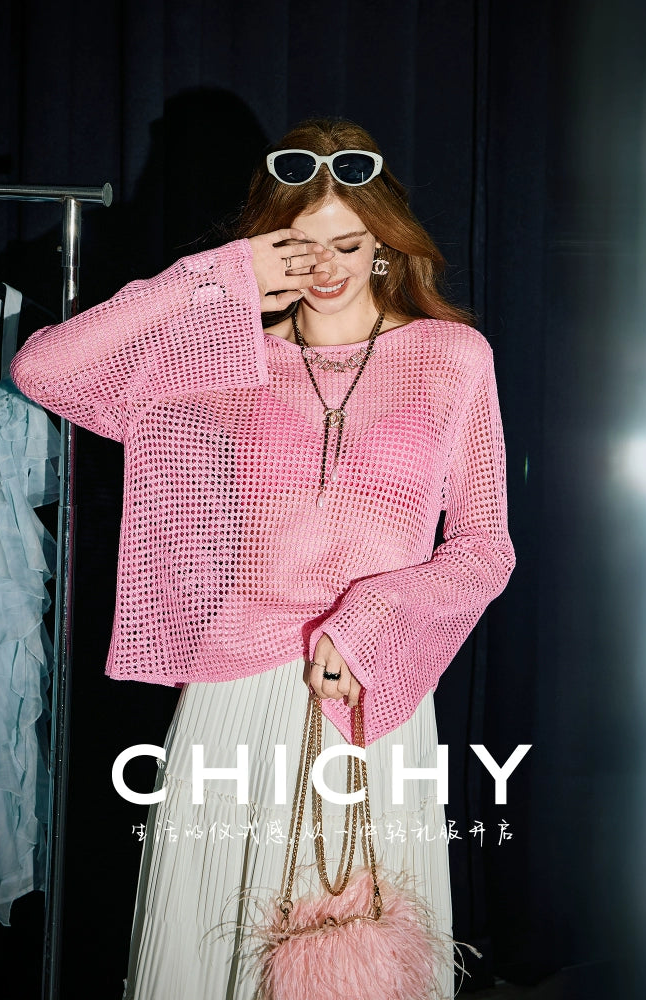 CHICHY long-sleeved cut-out gradient blended pink wool knit chic top-JARVIS