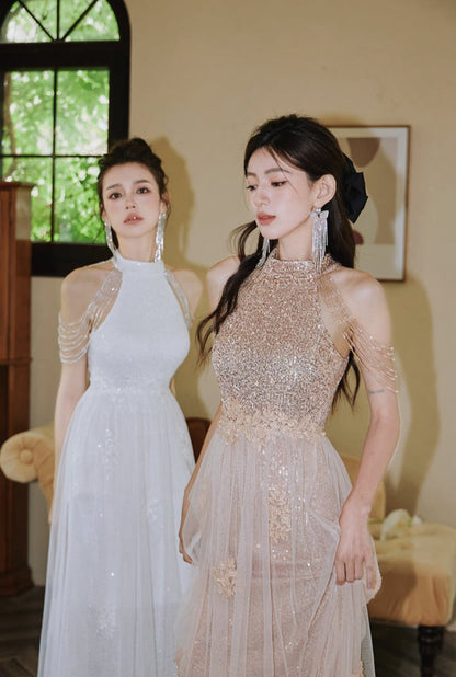 DOLLY Luxury Stand Collar Sleeveless Sequin Glitter Beads Long Nesh Cocktail Dress-SOPHIA