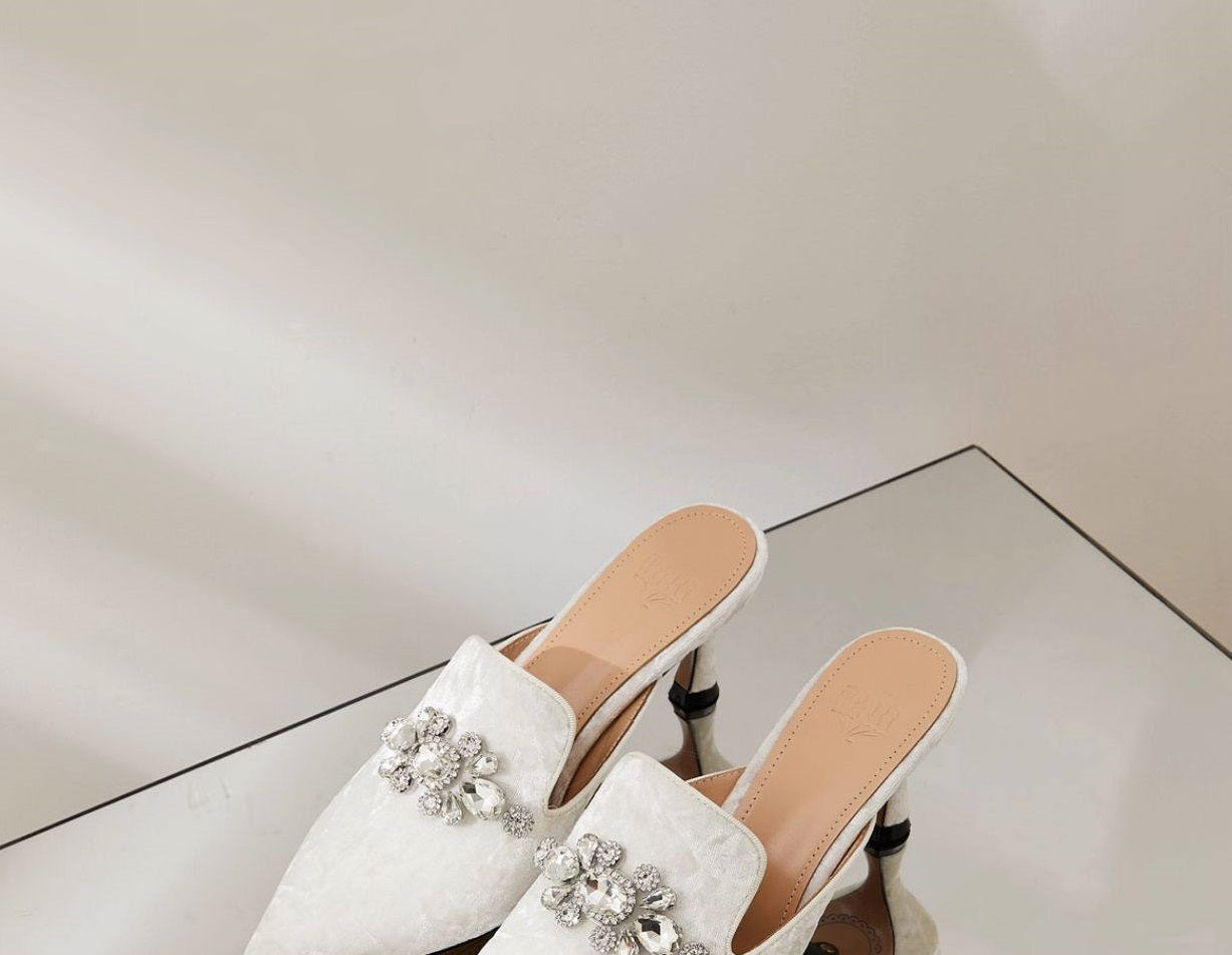 B-FEI Feather Rhinestone White small heels Mule Shoes - POLZ.