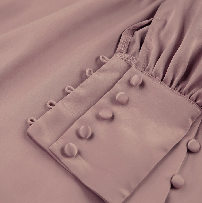 DOLLY Elegant V-Neck Long Lantern Sleeve Long Button Church Dress-NANA