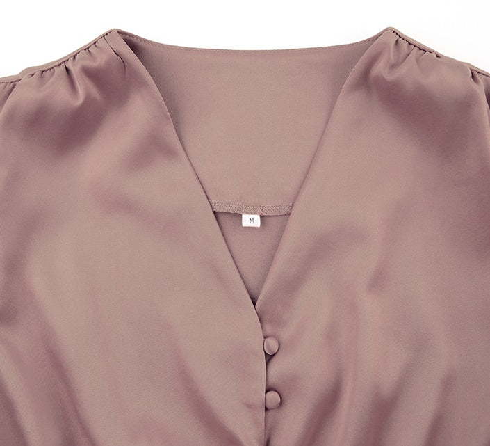 DOLLY Elegant V-Neck Long Lantern Sleeve Long Button Church Dress-NANA