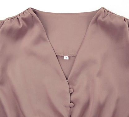 DOLLY Elegant V-Neck Long Lantern Sleeve Long Button Church Dress-NANA