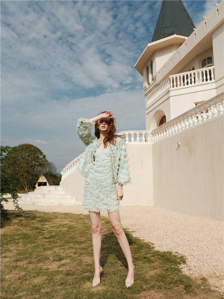 Wardrobes by Chen Green Long Sleeve Short Flower Jacket/Dress- Daby