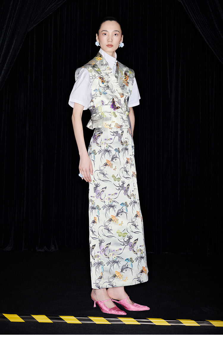 M essential Mackay designer butterfly beaded quilted cottonskirt vest shirt set - toes.