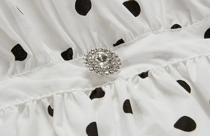 DOLLY Elegant White Off Shoulder Short Puff Sleeve Slim Fit Short Polka Dot Dress-MINA